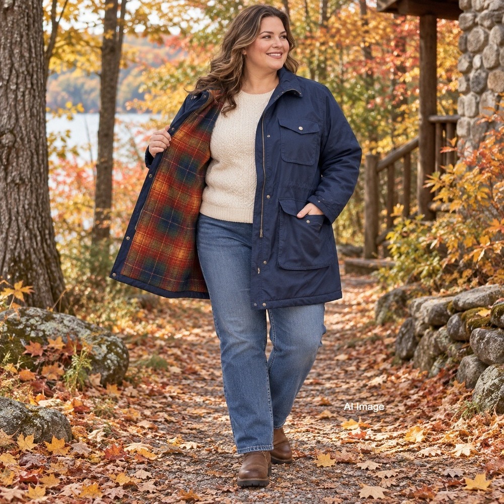 Vintage Lands End Field Jacket Womens XL 18-20 Navy Plaid Lined Utility Coat